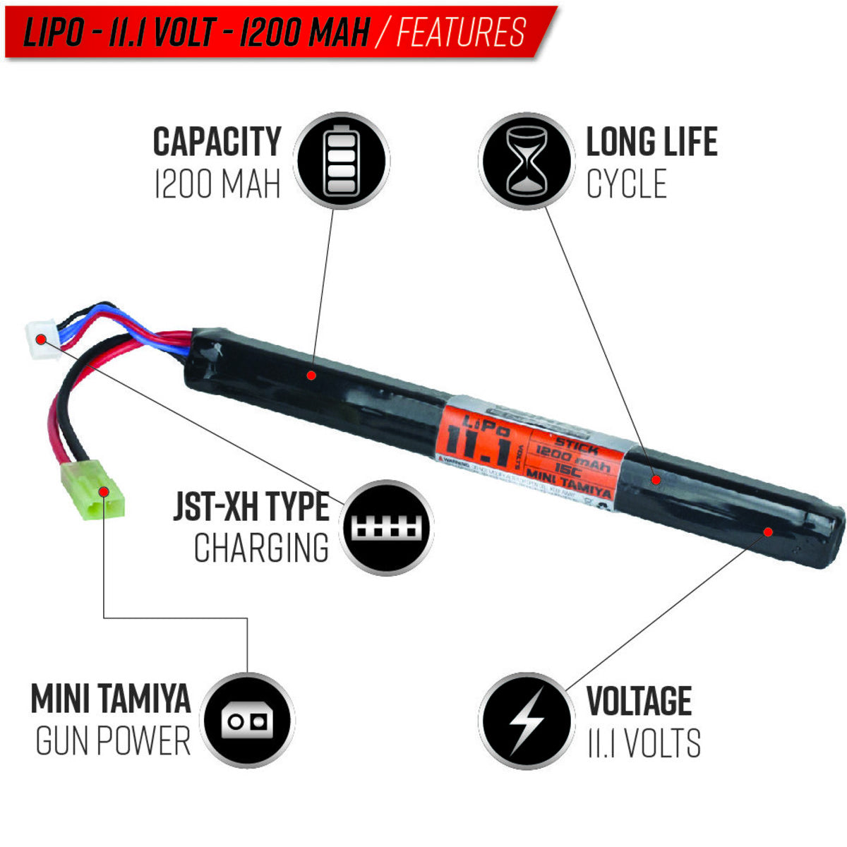 Valken LiPo 11.1v 1200mAh Long Stick Battery