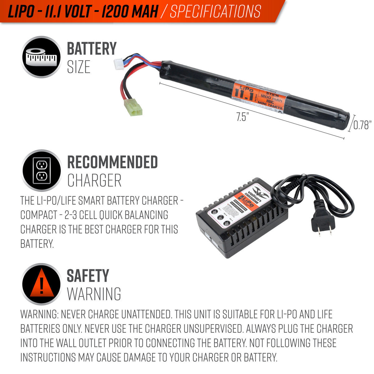 Valken LiPo 11.1v 1200mAh Long Stick Battery